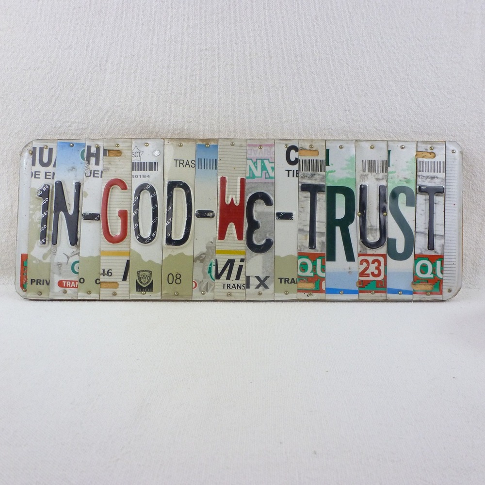 In God We Trust‎ Recycled License Plate Art Wood Mounted Wall Decor 16.5x5.5